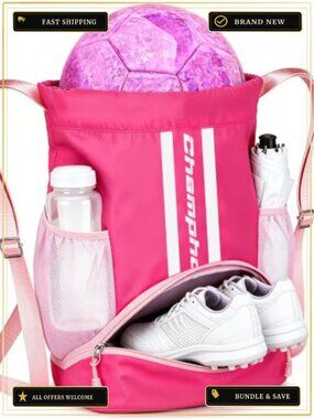 Youth Drawstring Sports Backpack with Shoe Compartment, Wet/Dry Pocket & Side